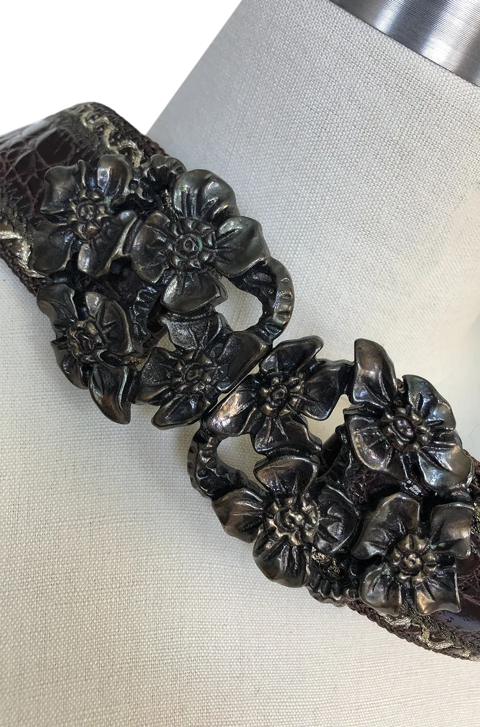 1980s Emanuel Ungaro Alligator and Metal Buckle Brown Leather Belt