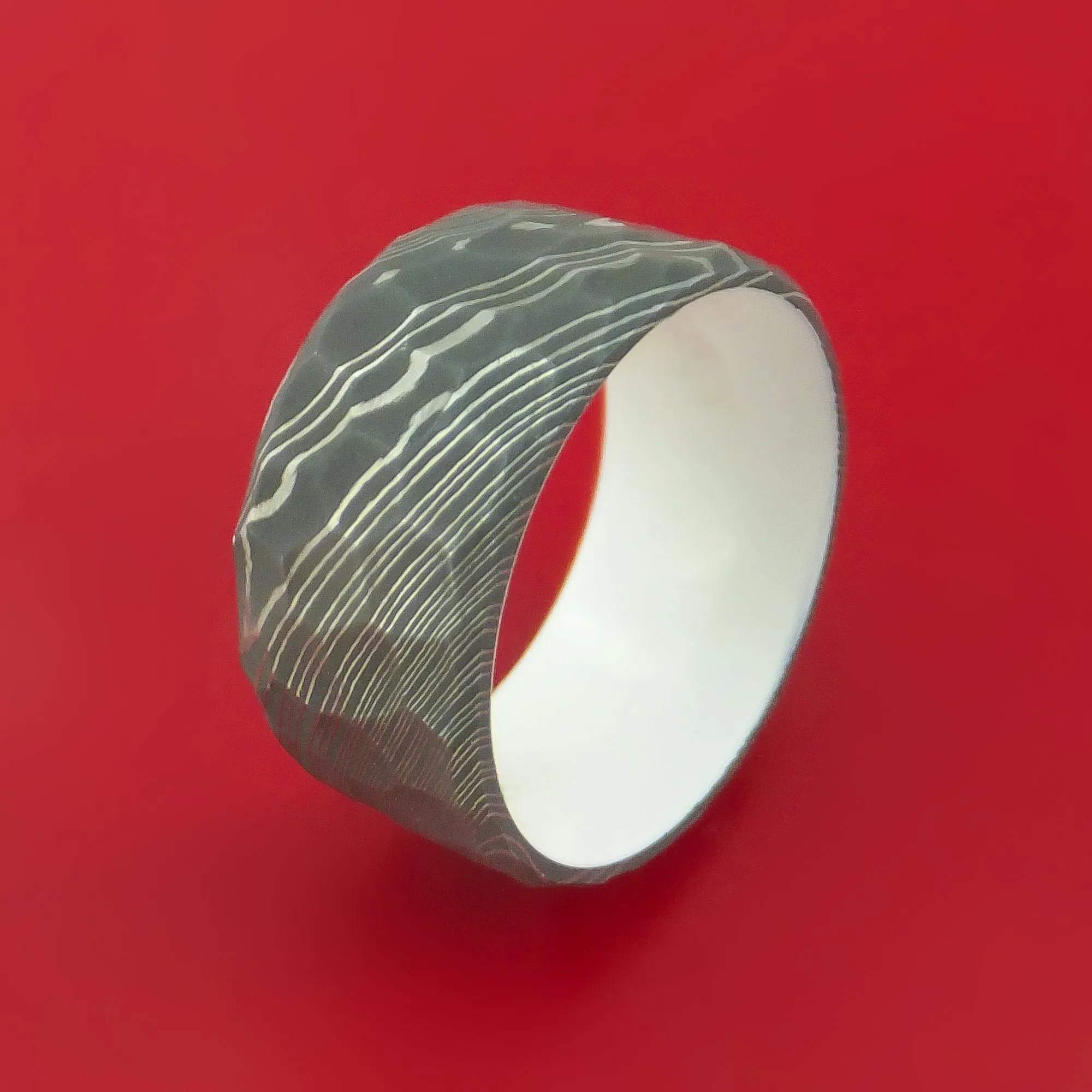 Damascus Steel Ring with Interior Cerakote Sleeve Custom Made Band