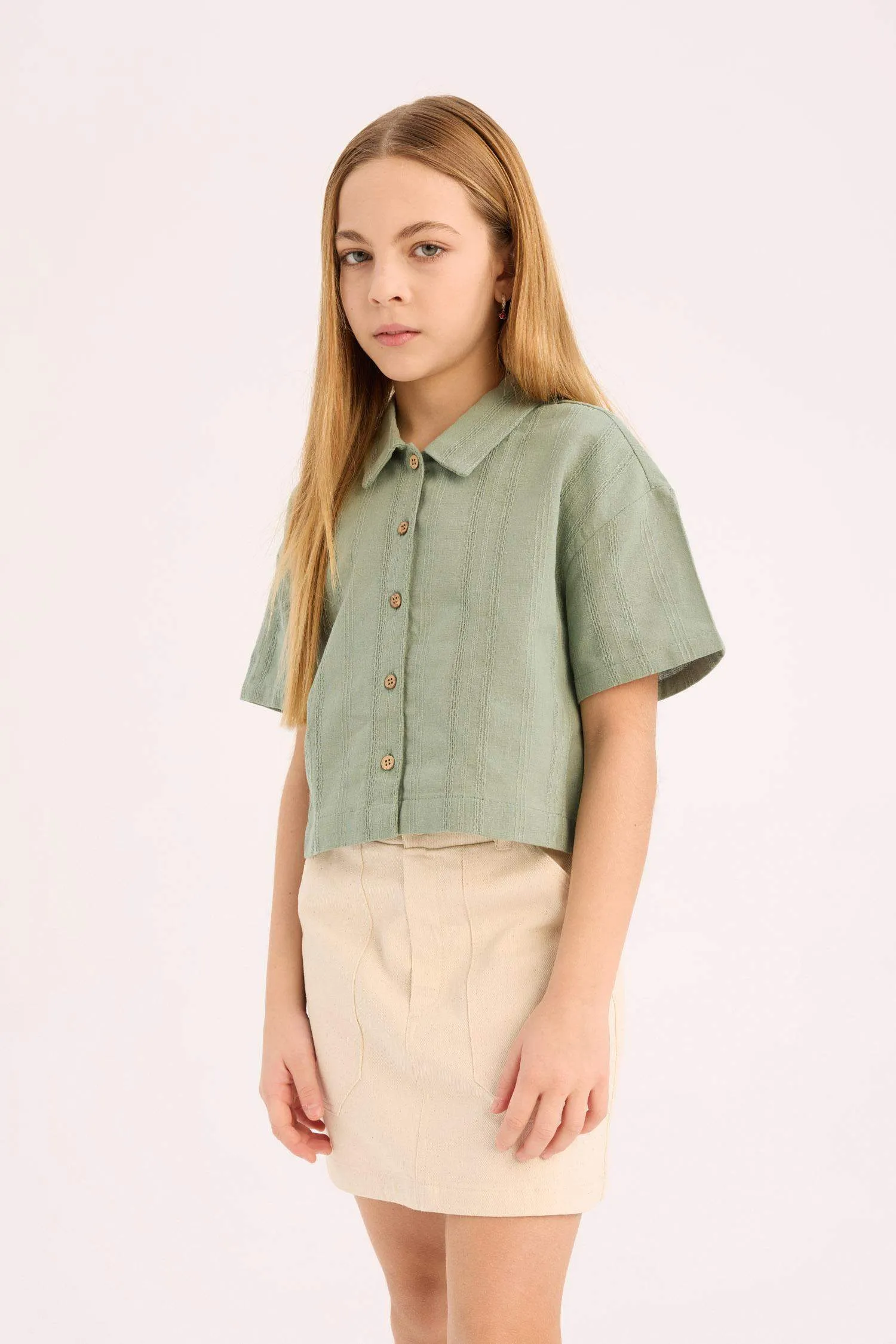 Girl Crop Short Sleeve Linen Shirt