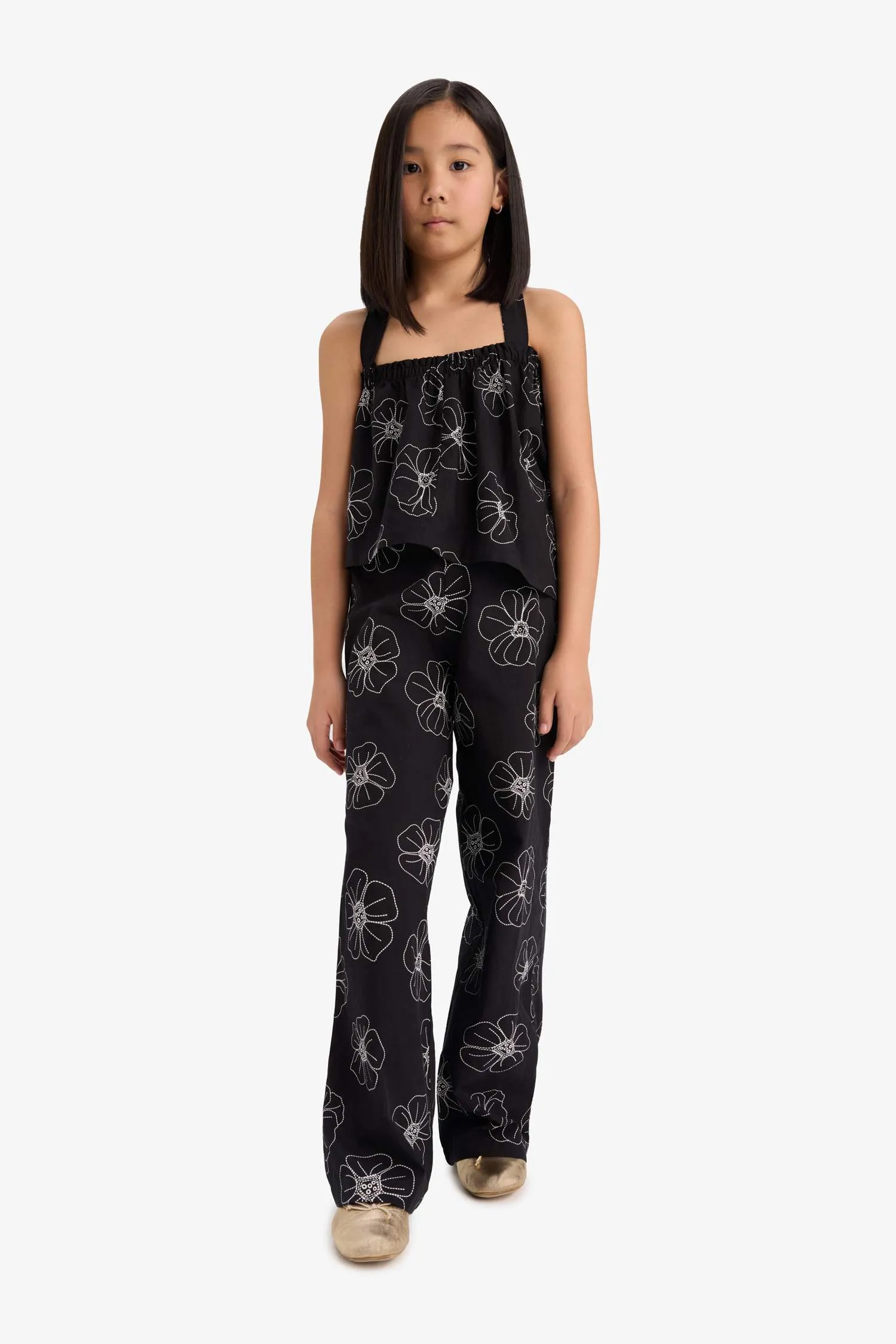 Girl Patterned Wide Leg Cotton Trousers