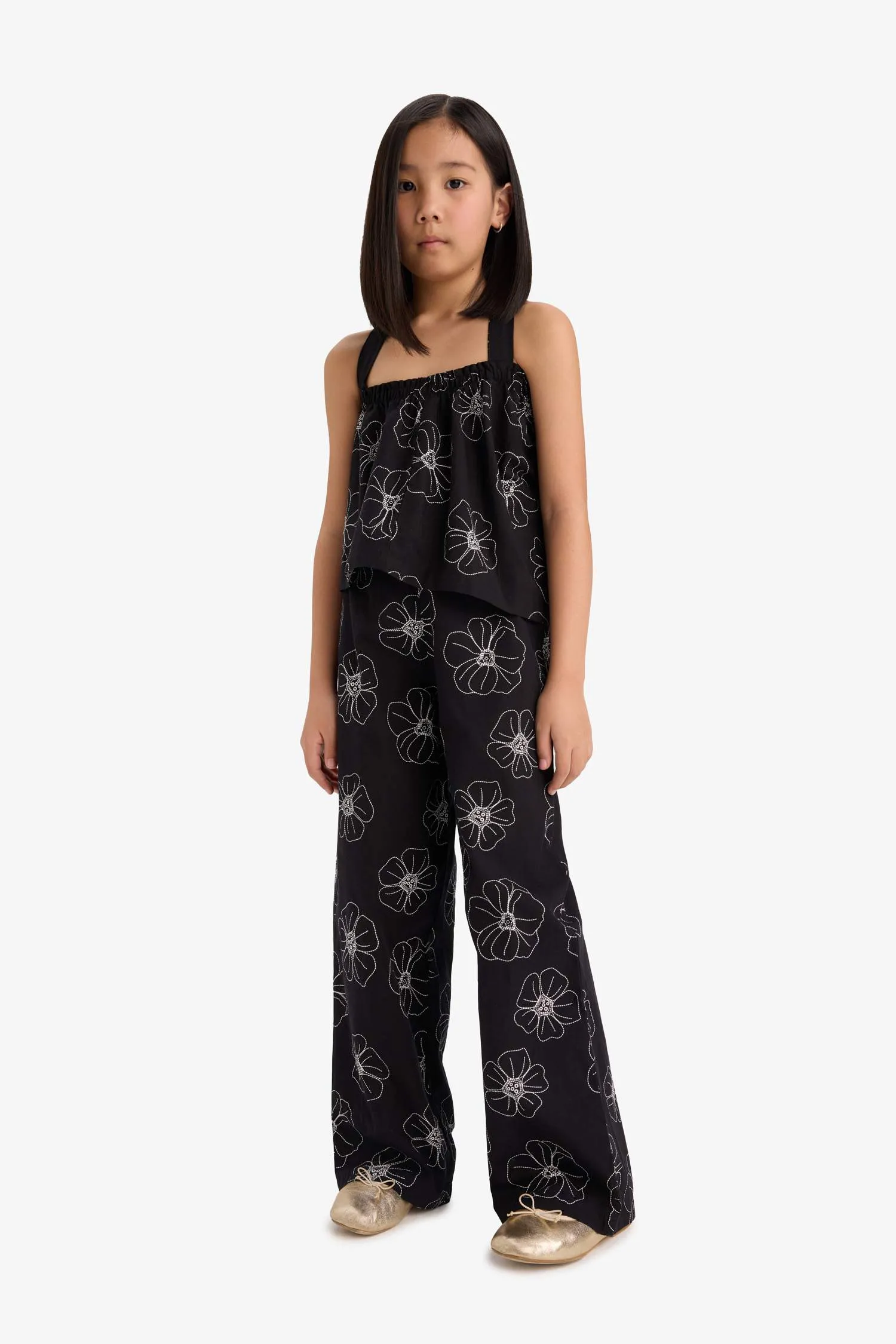 Girl Patterned Wide Leg Cotton Trousers