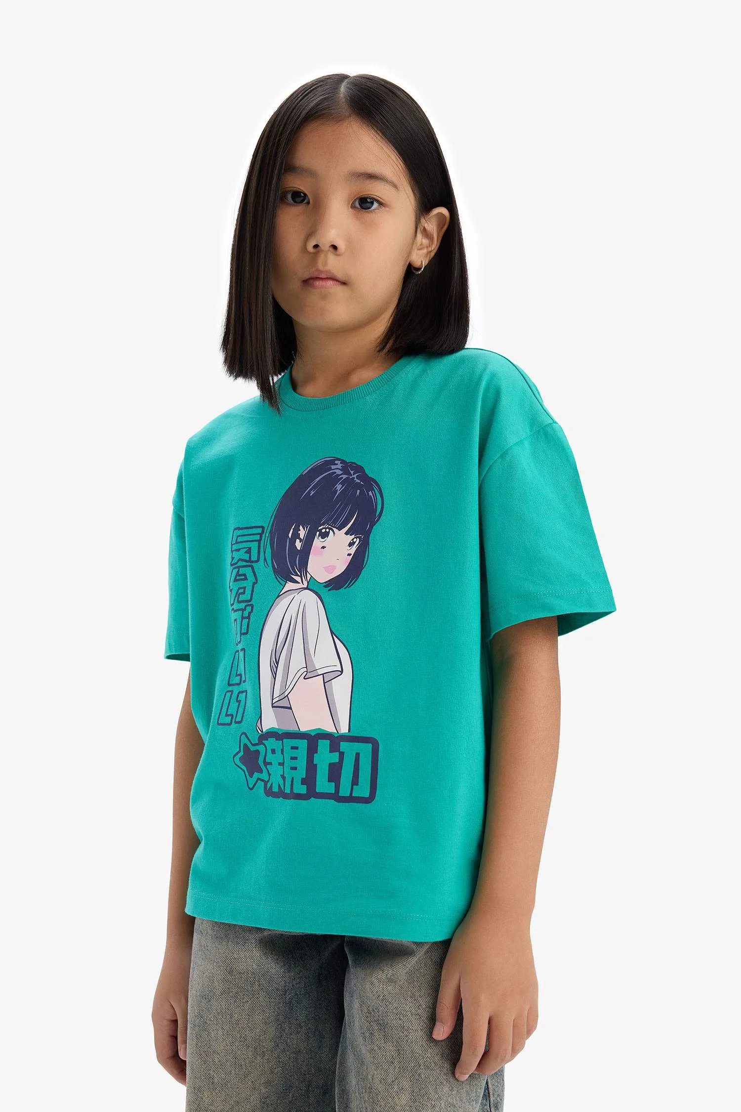 Girls Oversize Wide Mold Bicycle Collar Printed Short Sleeve T-shirt