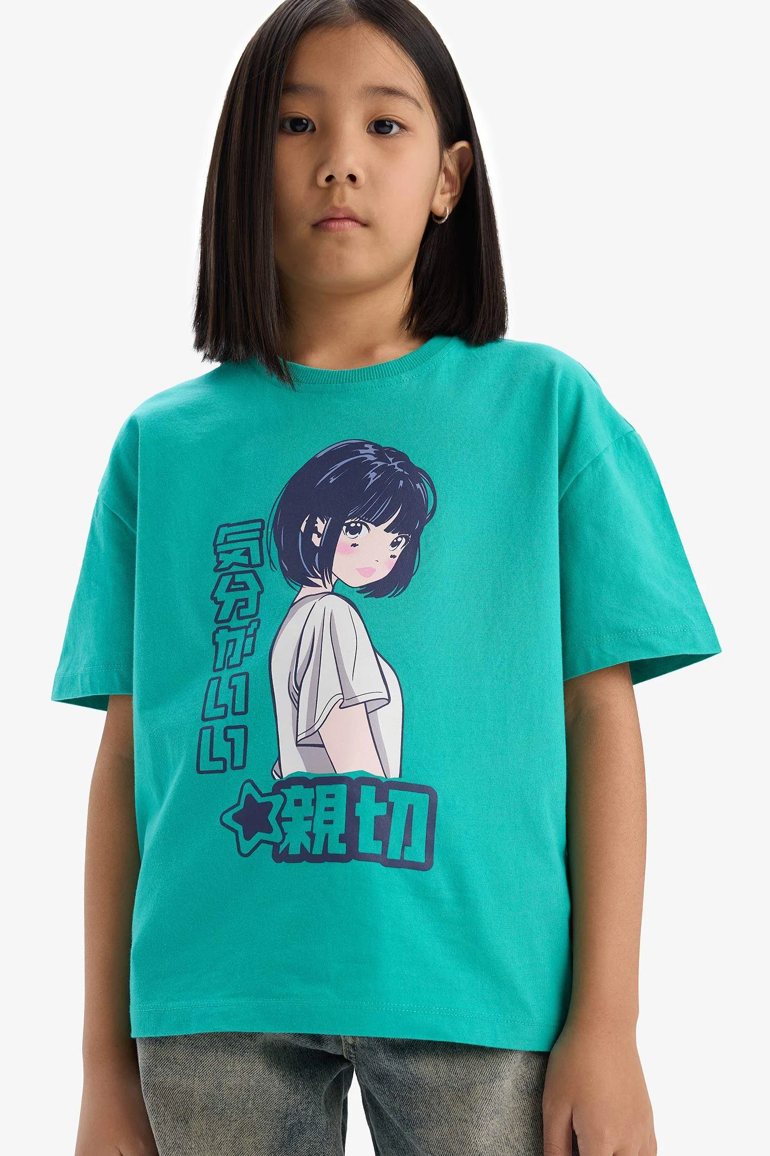 Girls Oversize Wide Mold Bicycle Collar Printed Short Sleeve T-shirt