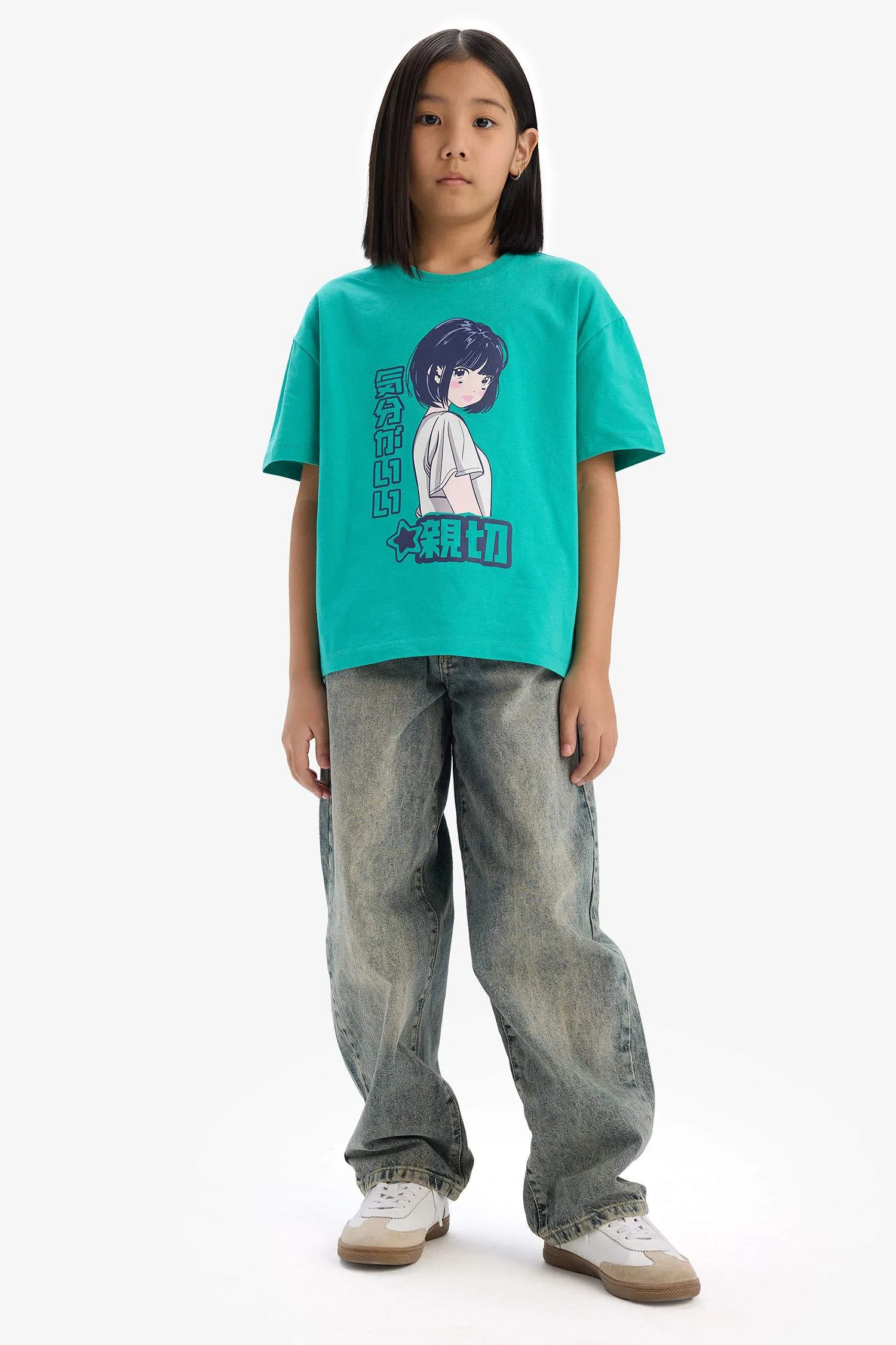 Girls Oversize Wide Mold Bicycle Collar Printed Short Sleeve T-shirt