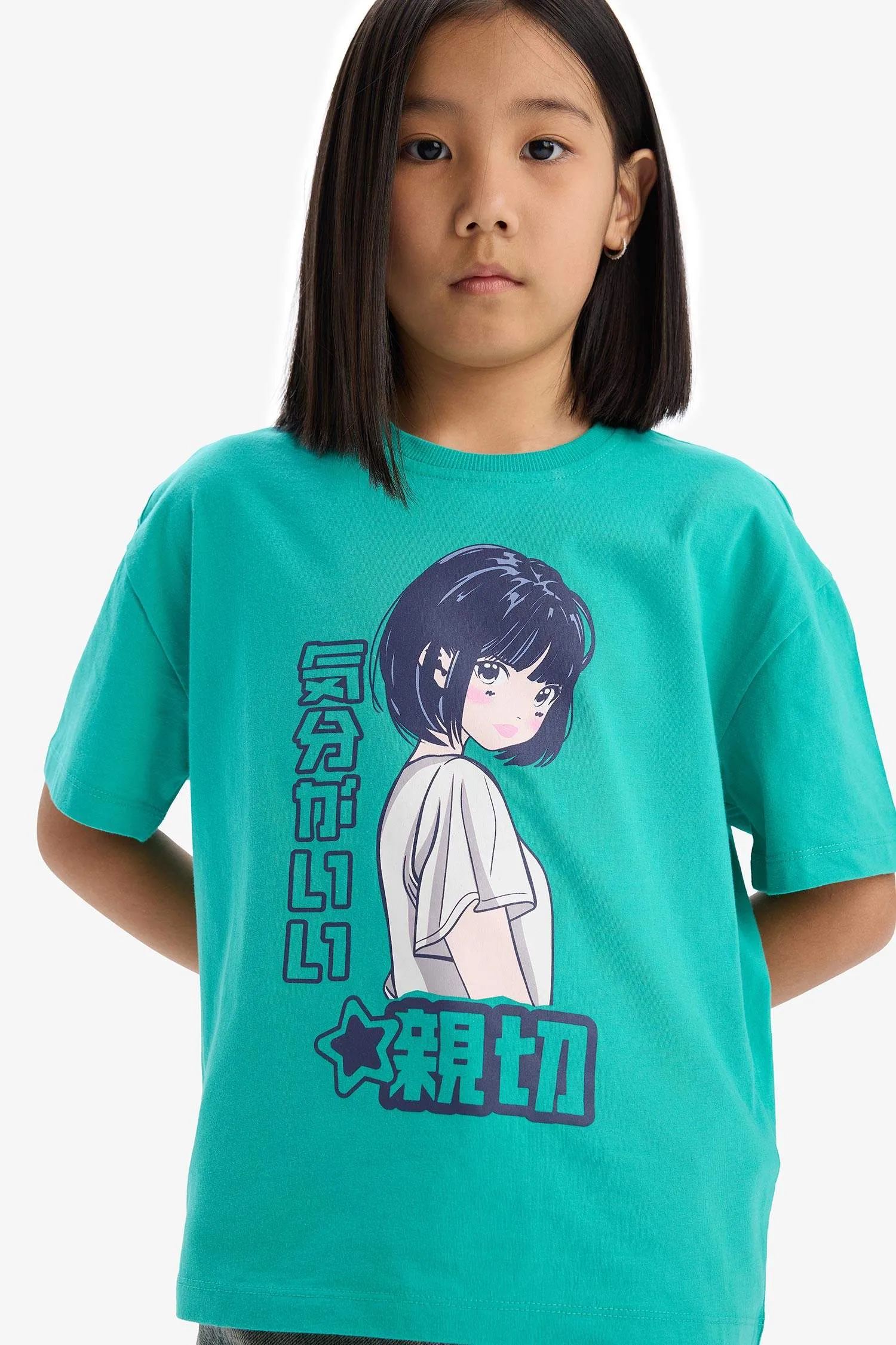 Girls Oversize Wide Mold Bicycle Collar Printed Short Sleeve T-shirt