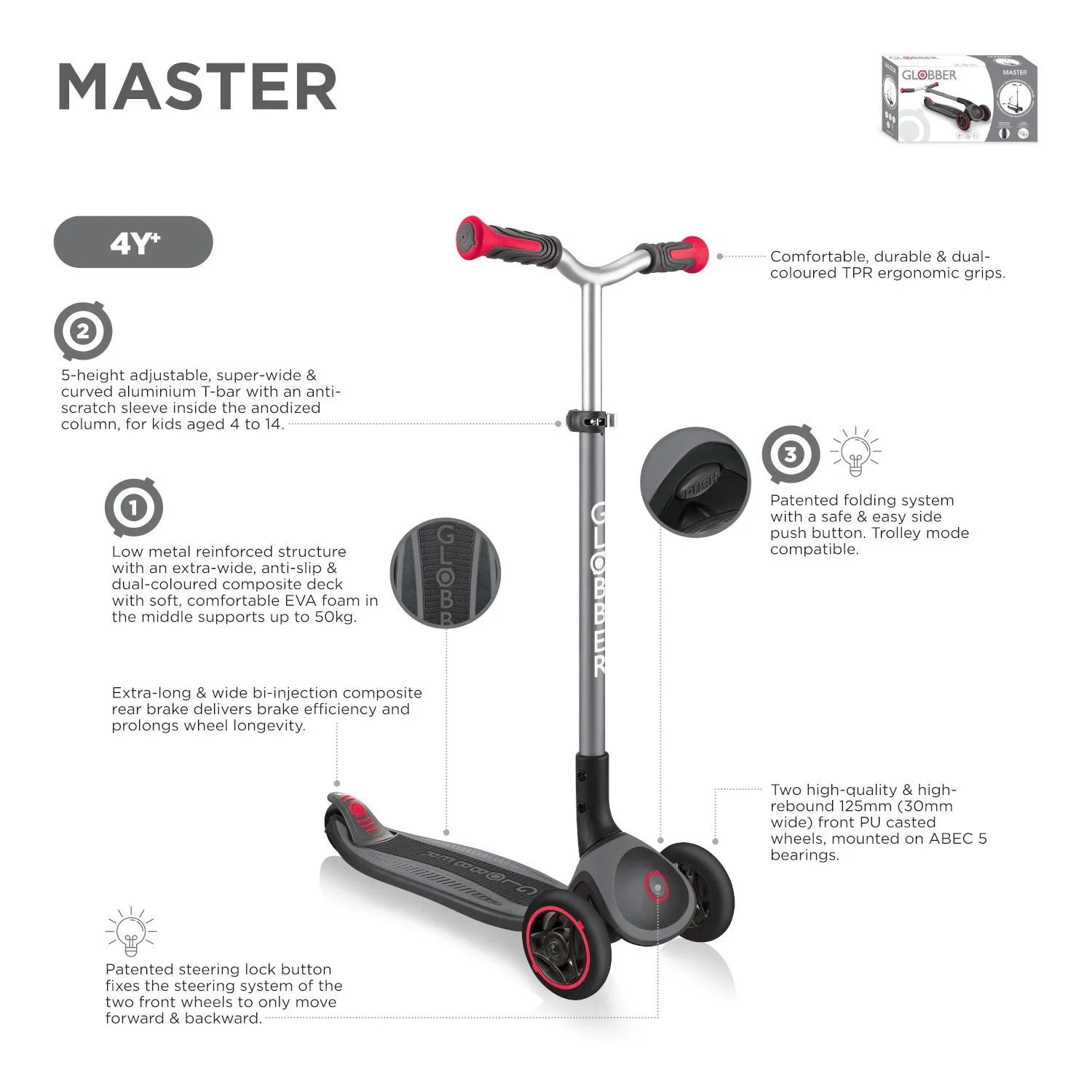Globber Master Lights 3-Wheels Kids Scooter – Black/Red