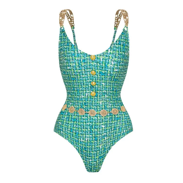 Metal Buckle Print One Piece Swimsuit Set - As shown / S