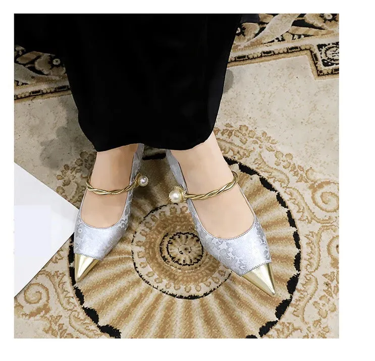 Metal Decoration Buckle Strap Women's Low Thin Heels Pumps Pointed Toe Wedding Party Shoes
