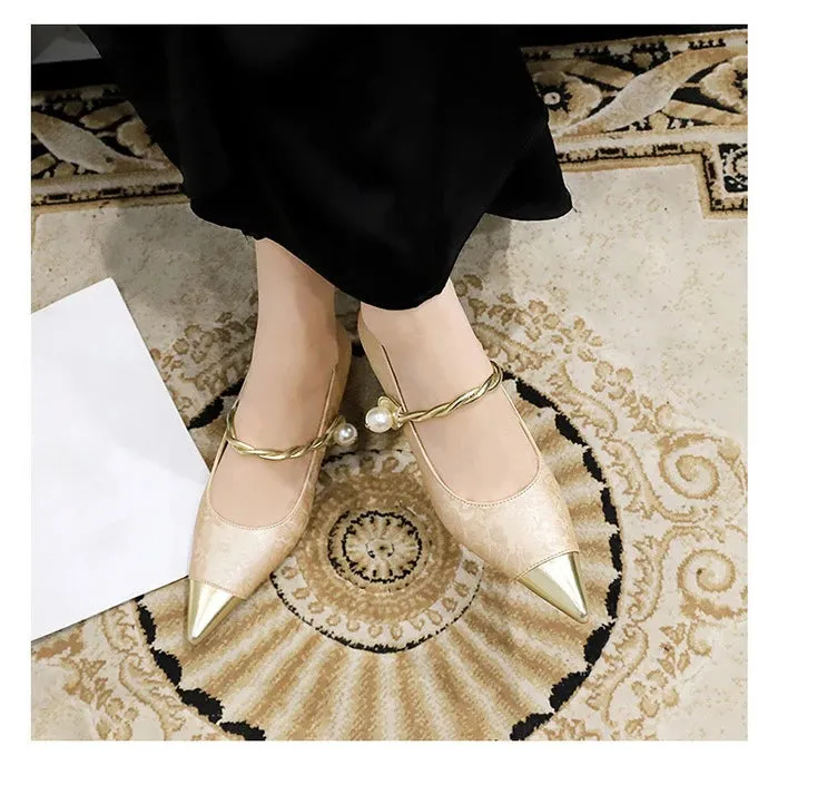 Metal Decoration Buckle Strap Women's Low Thin Heels Pumps Pointed Toe Wedding Party Shoes