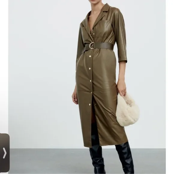 NWOT Zara Army Green Faux Leather Midi Dress