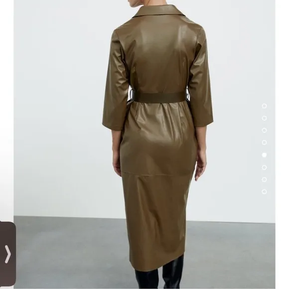 NWOT Zara Army Green Faux Leather Midi Dress