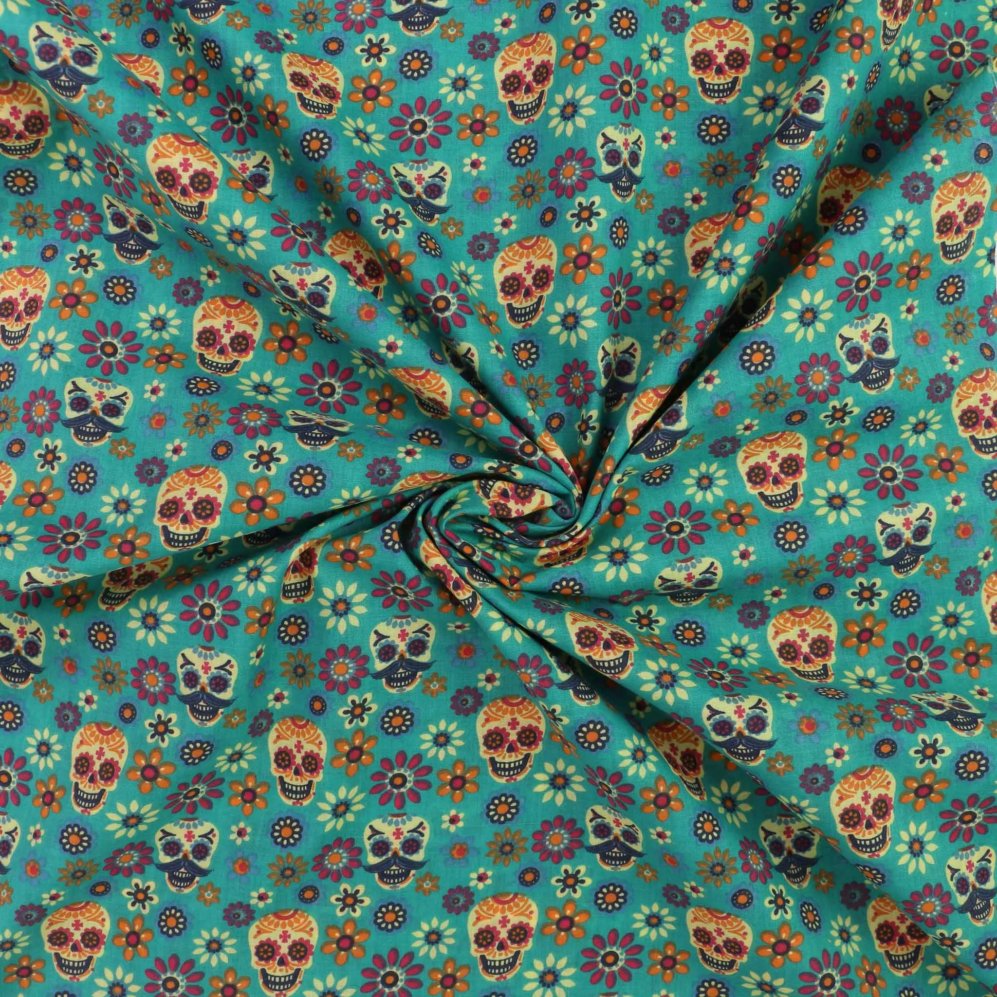 PolyCotton Poplin Fabric - Black, turquoise