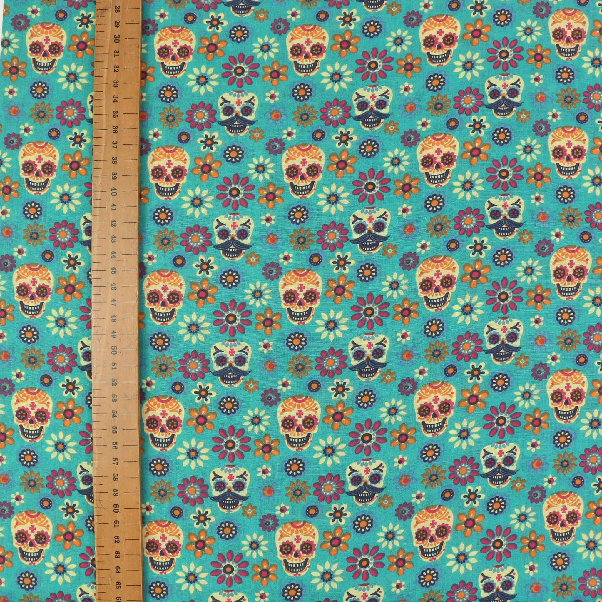 PolyCotton Poplin Fabric - Black, turquoise