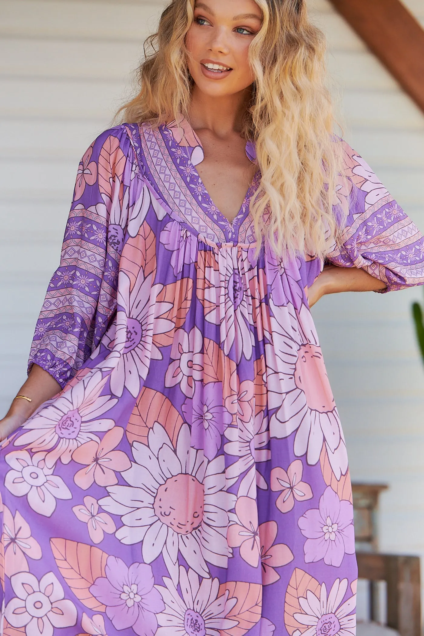 Purple Rain Print Bohemian Midi Dress