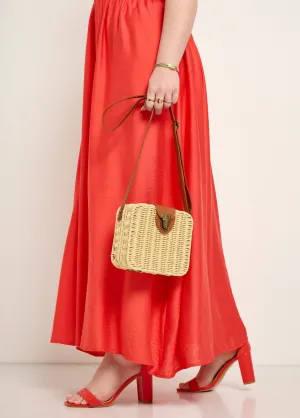 Rigid straw bag with shoulder strap