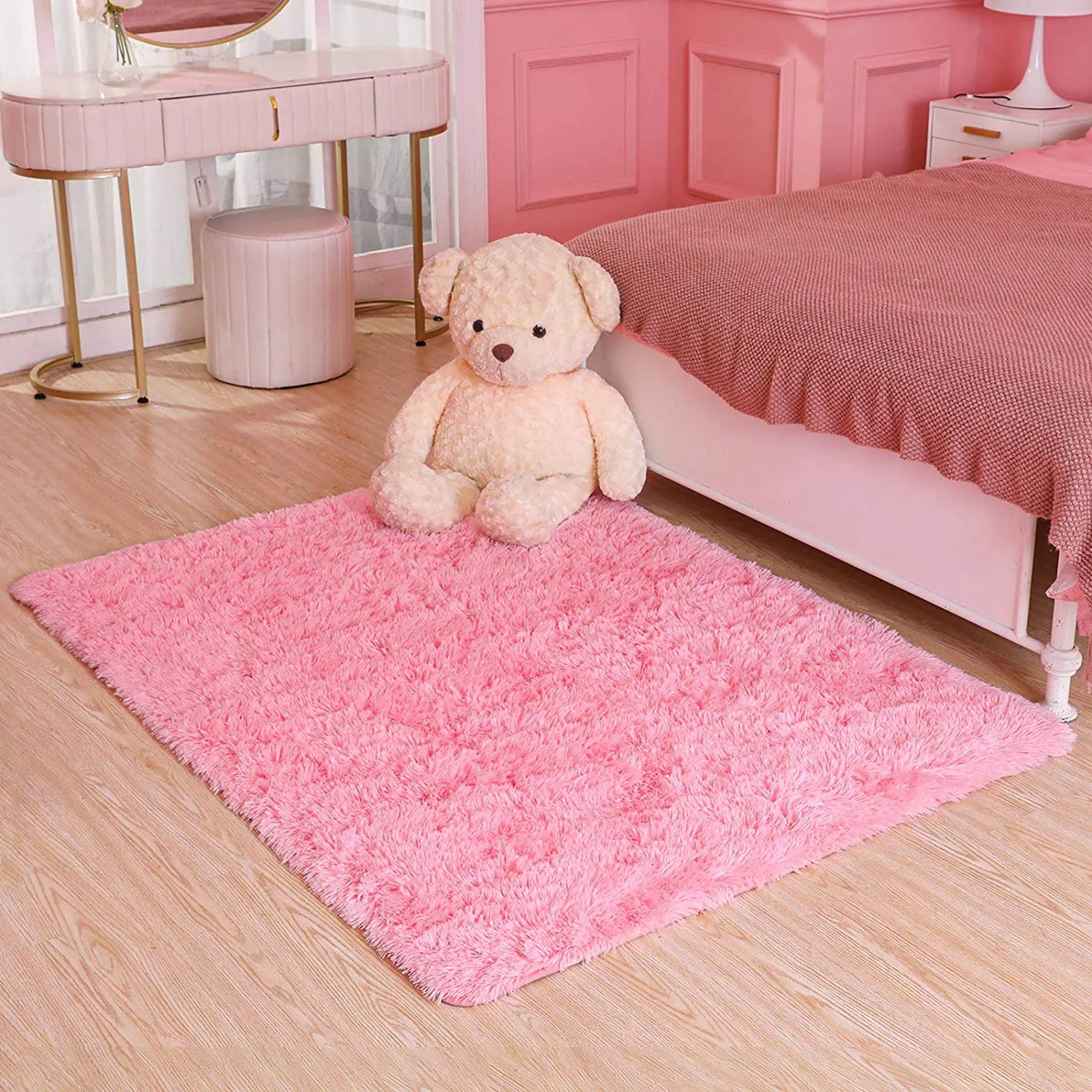 Rynx | Ophanie Rosa Rugs For Bedroom Girls, Children Baby Set Shaggy Fluffy Sweet Shag Fuzzy Soft Room Rug, Plush Bedside Indoor Floor Area Rug For Teenager Dorm Home Decor Aesthetic, Kids Room, 4 X 5.3 Feet