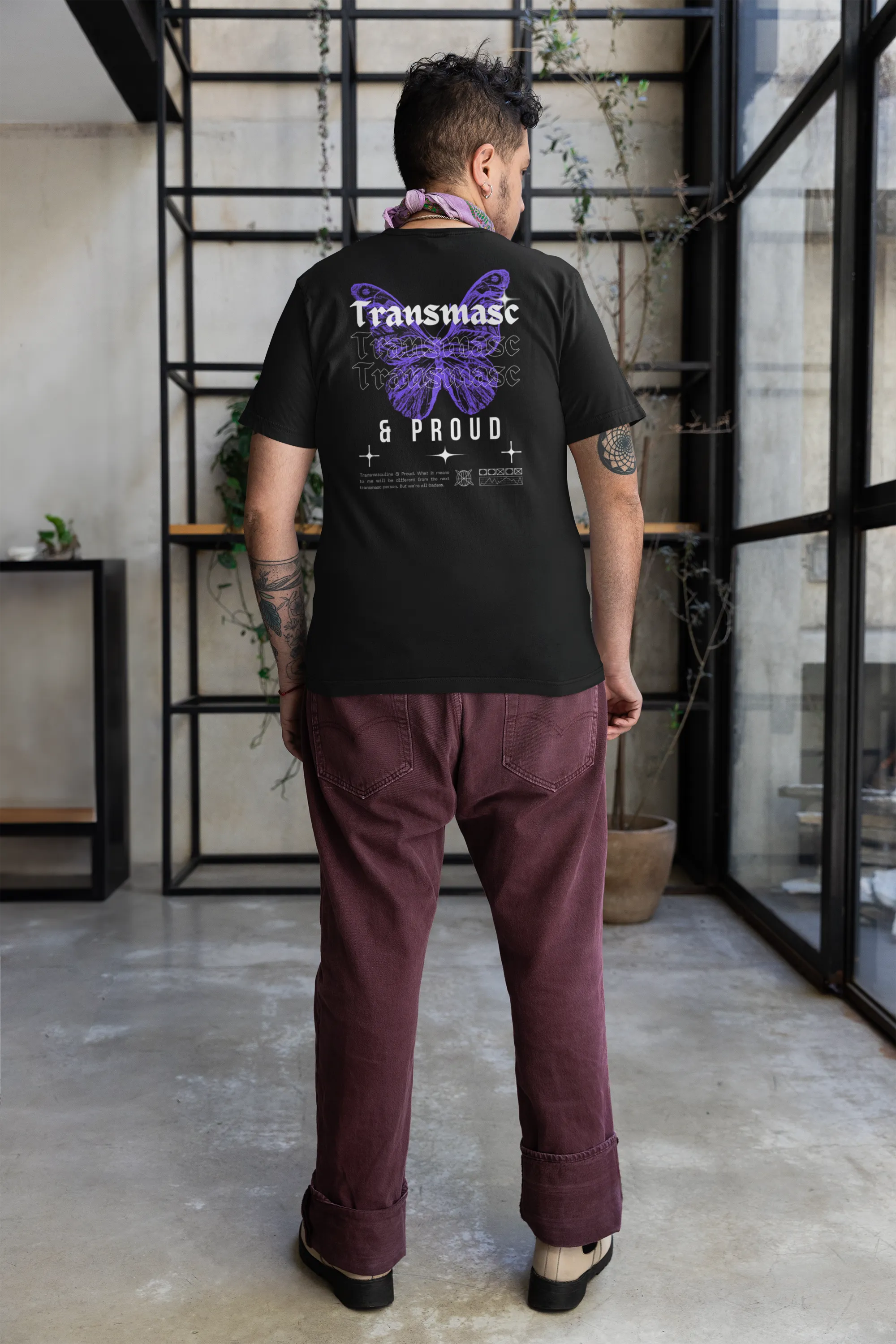 Transmasc Graphic Tee Purple Butterfly Streetwear Style on Black Acid Wash Oversize T-Shirt - 250 GSM