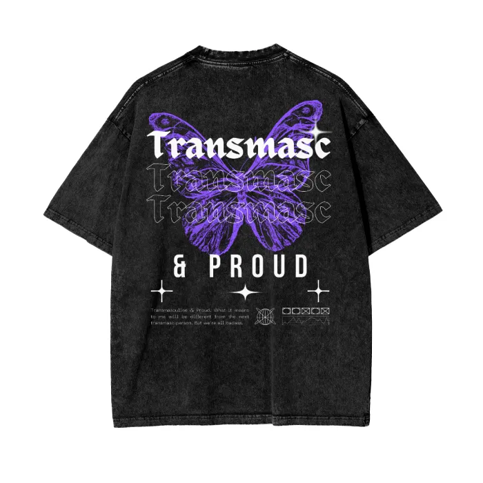 Transmasc Graphic Tee Purple Butterfly Streetwear Style on Black Acid Wash Oversize T-Shirt - 250 GSM