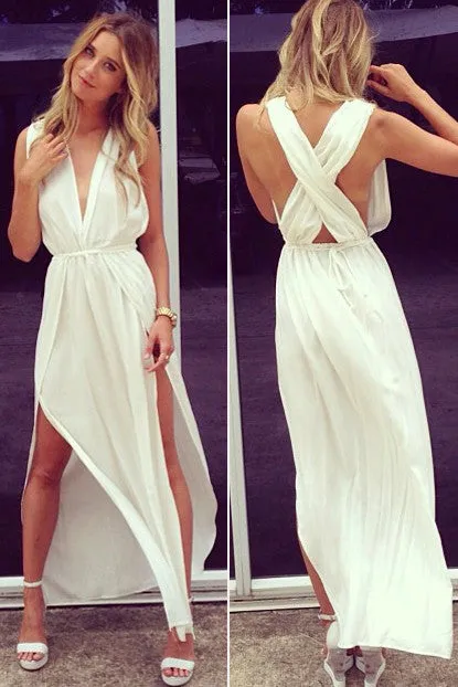 White Deep V Neck Sleeveless Chiffon Side Slit Ankle Length Evening Gowns,SIM622