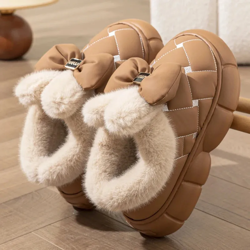Winter Women Fashion Bowknot Cotton Shoes Thick Sole Down Waterproof Snow Boots Woman Thick Plush Warm Platform Ankle Boots 2024