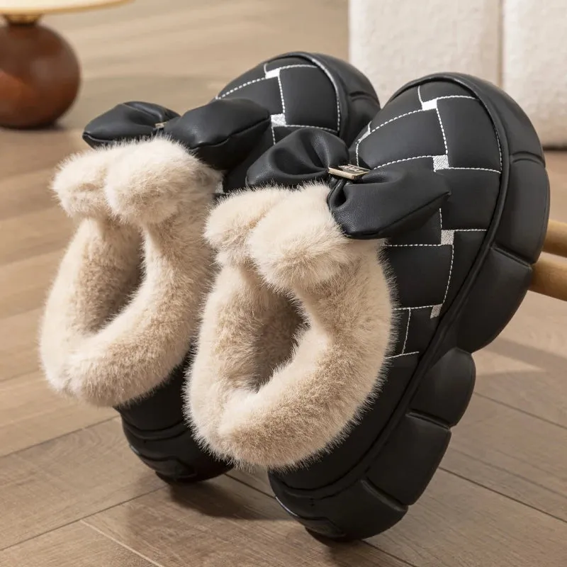 Winter Women Fashion Bowknot Cotton Shoes Thick Sole Down Waterproof Snow Boots Woman Thick Plush Warm Platform Ankle Boots 2024
