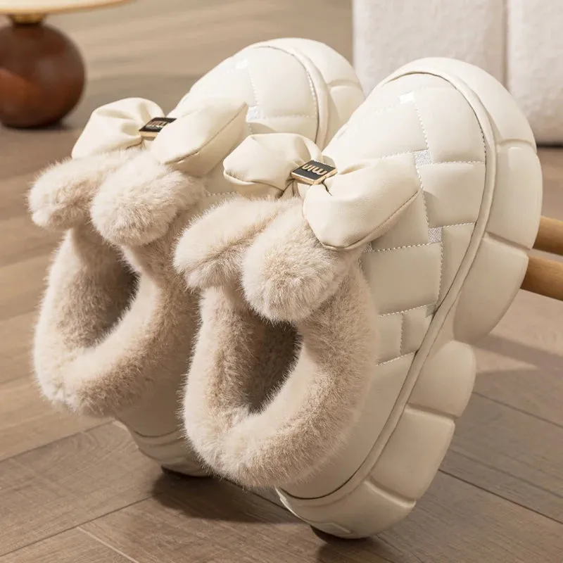 Winter Women Fashion Bowknot Cotton Shoes Thick Sole Down Waterproof Snow Boots Woman Thick Plush Warm Platform Ankle Boots 2024